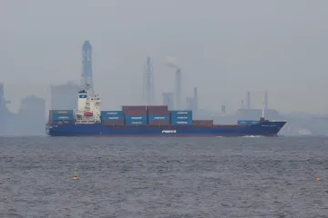 Контейнеровоз FESCO Akashi в море на фоне промышленных сооружений