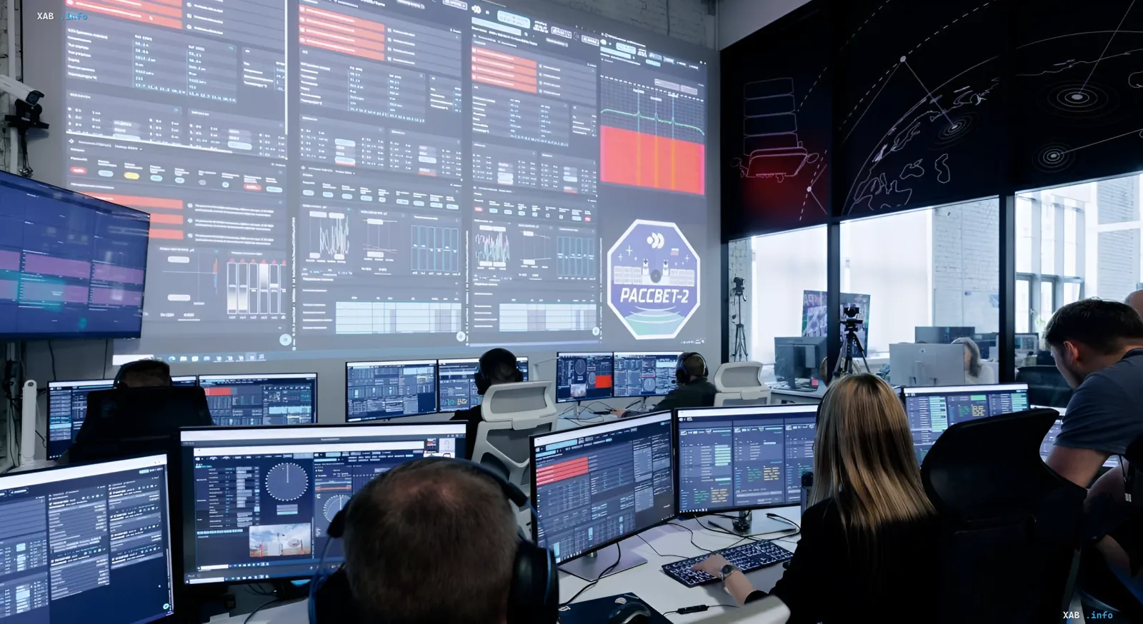 Центр управления российским спутниковым комплексом «Рассвет-2» в 2026 году: операторы мониторят орбитальные данные и тактические системы на гигантских экранах