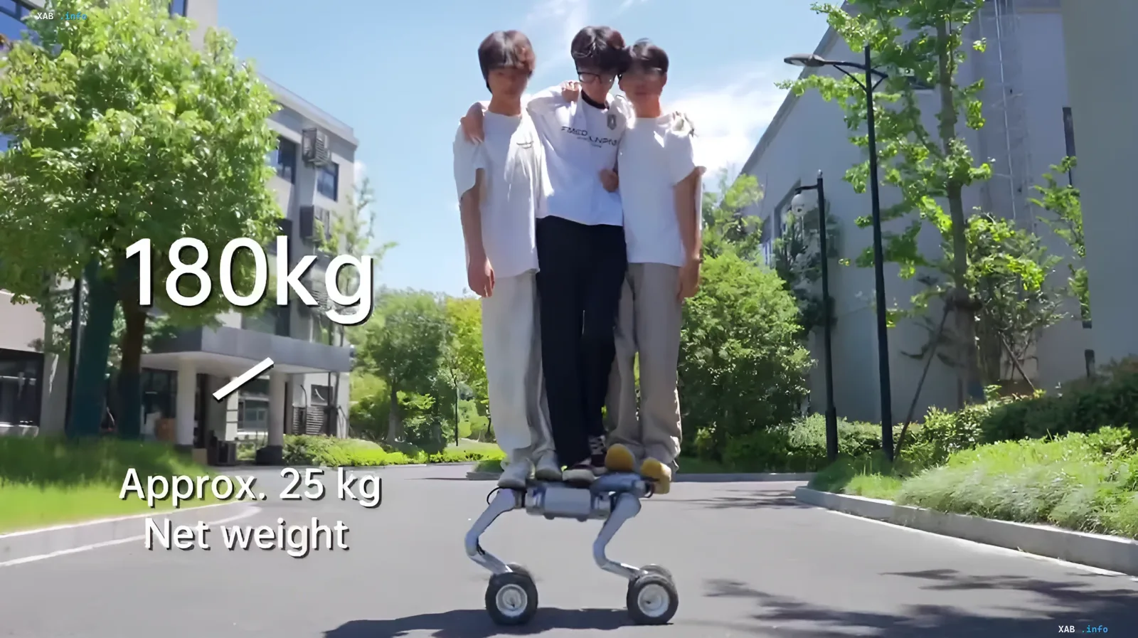 Testing the claimed load capacity of Unitree AS2-W in real-world conditions Unitree AS2-W load capacity test: three people weighing 180 kg on the wheeled walking platform