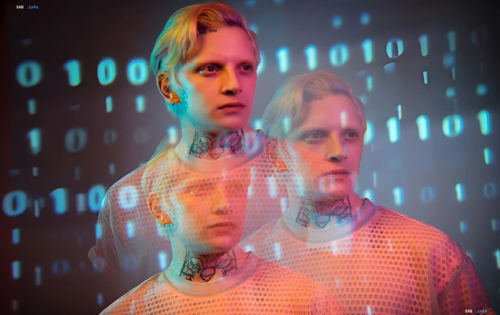 Young man with tattoos against a binary code background symbolizes the concept of transferring consciousness into a digital form