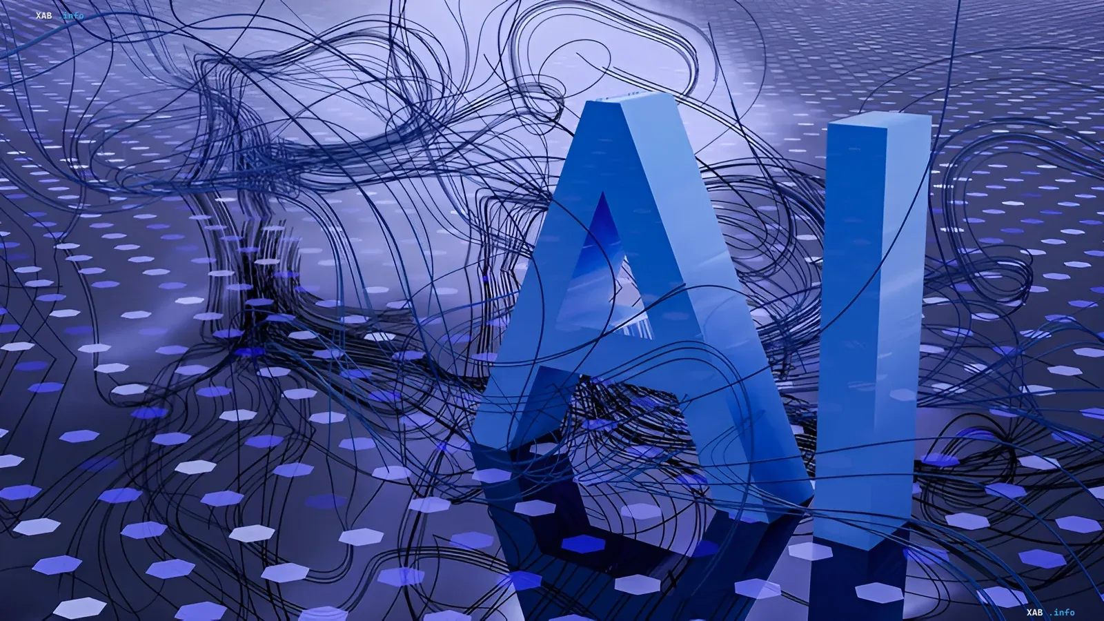 Symbolic depiction of artificial intelligence (AI) as blue 3D letters against a backdrop of digital data streams, illustrating the massive investments by tech giants in computing power