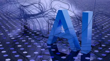 Symbolic depiction of artificial intelligence (AI) as blue 3D letters against a backdrop of digital data streams, illustrating the massive investments by tech giants in computing power