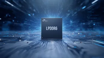 Чип памяти LPDDR6 от SK hynix на фоне цифровых схем, символизирующий технологический прорыв в области мобильных чипов