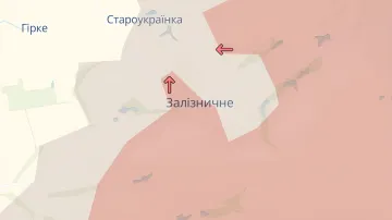 Карта DeepState, показывающая продвижение российских войск в районе Железнодорожного и Константиновки с красными стрелками направления атаки.