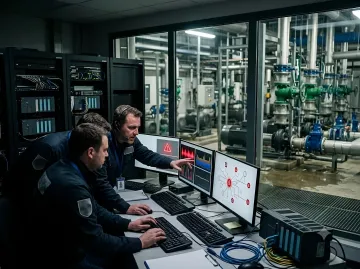 Оператори в диспетчерській водоканалу аналізують дані на моніторах із попередженнями про кібератаки, тоді як на задньому плані видно промислові насоси та труби.