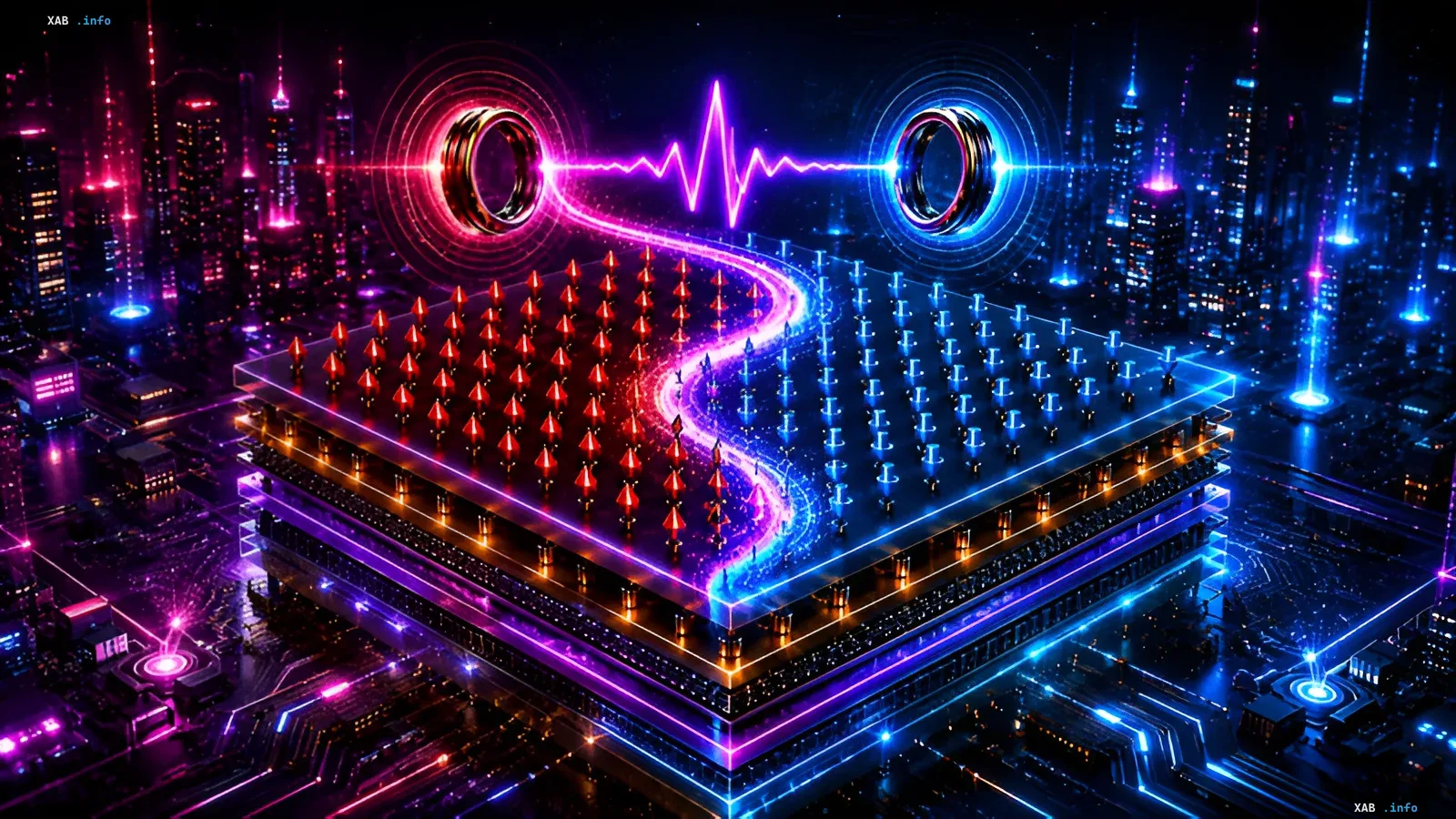 Futuristic memory chip with neon data streams, symbolizing a breakthrough in memory physics and reduced power consumption through optimal control theory
