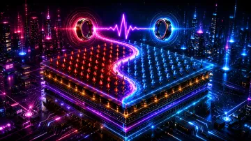 Futuristic memory chip with neon data streams, symbolizing a breakthrough in memory physics and reduced power consumption through optimal control theory