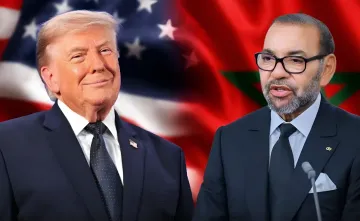 Donald Trump and King Mohammed VI of Morocco against US and Moroccan flags — commemorating the naming of a new highway after Trump