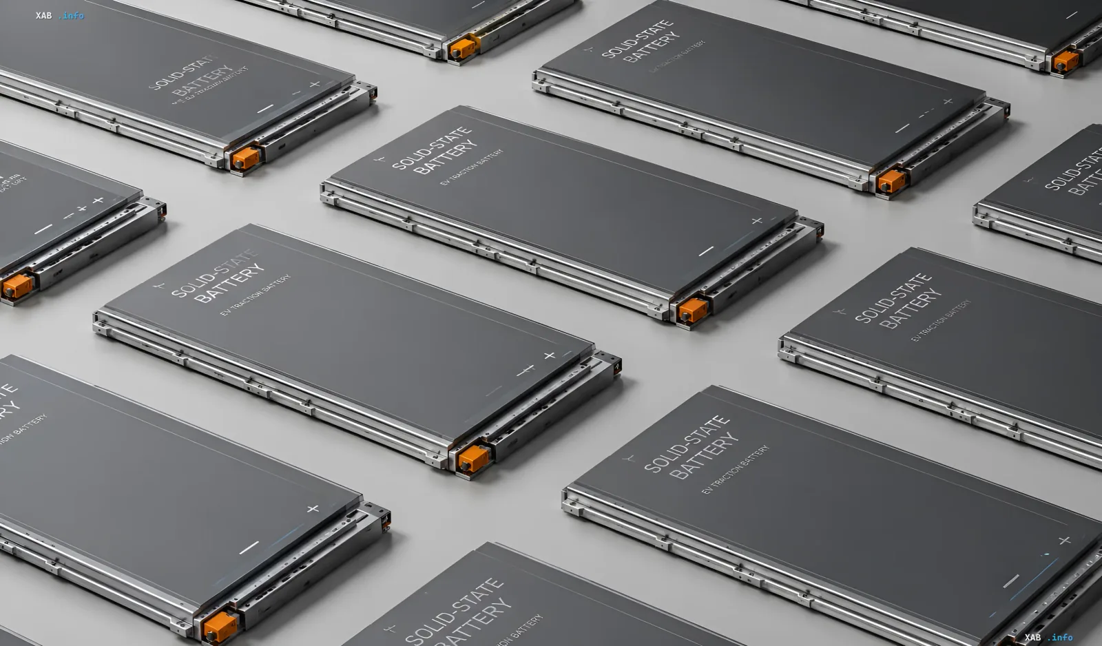 Anordnung von Festkörperbatterien für Elektrofahrzeuge mit der Aufschrift 'SOLID-STATE BATTERY' — Illustration des Durchbruchs in der Batterietechnik mit DHP-Polymer