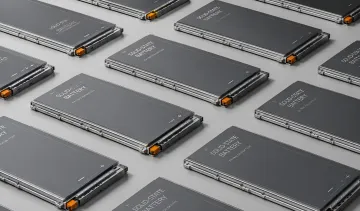 Массив твердотельных батарей для электромобилей с надписью 'SOLID-STATE BATTERY' — иллюстрация прорыва в химии аккумуляторов с полимером DHP