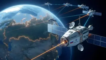 Satelliten 'Rassvet' im Orbit über der Ukraine, verbunden durch Laserstrahlen für hochpräzise Berechnungen und Datenübertragung