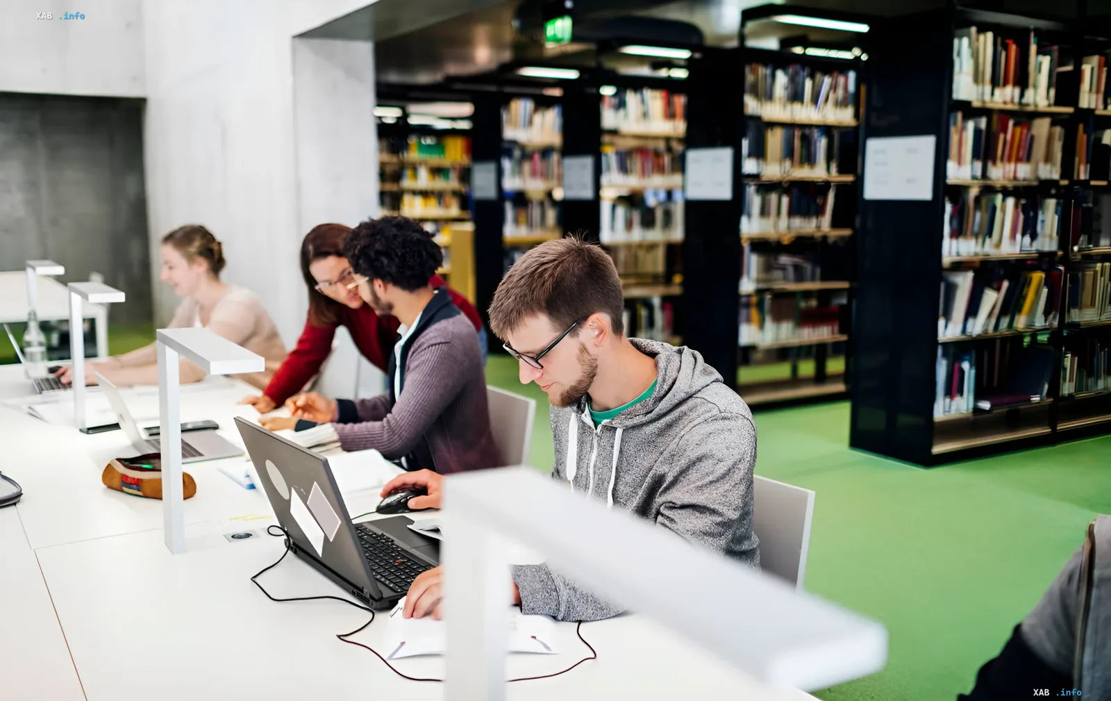 Students working on laptops in a library: illustration for news about a new $100,000 fee for international students in the US