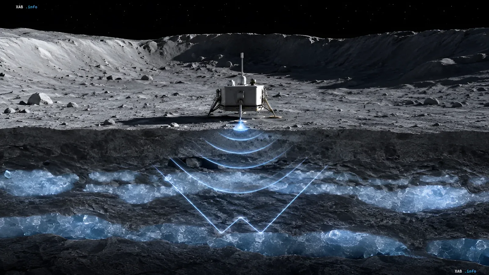Schematic illustration of a lunar seismometer scanning subsurface layers of the Moon and detecting ice deposits at depths up to 800 meters