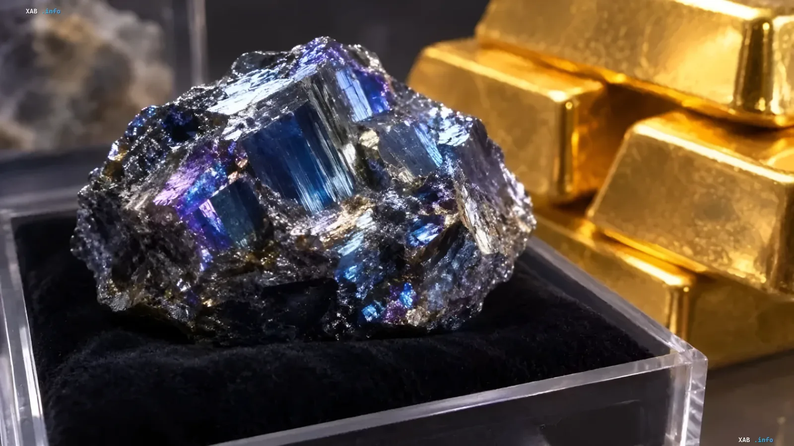 Iridescent blue-purple specimen of Kola-Ashcroftine mineral displayed beside gold bars — symbolizing the ultra-valuable discovery on the Kola Peninsula