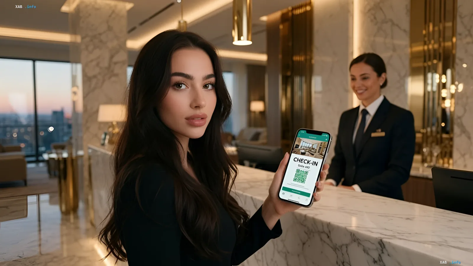 Woman shows digital ID with QR code on smartphone for hotel check-in via Max messenger