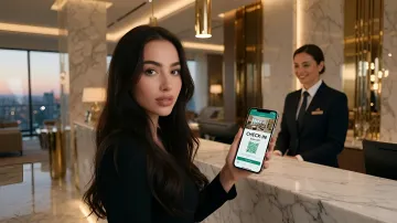 Woman shows digital ID with QR code on smartphone for hotel check-in via Max messenger
