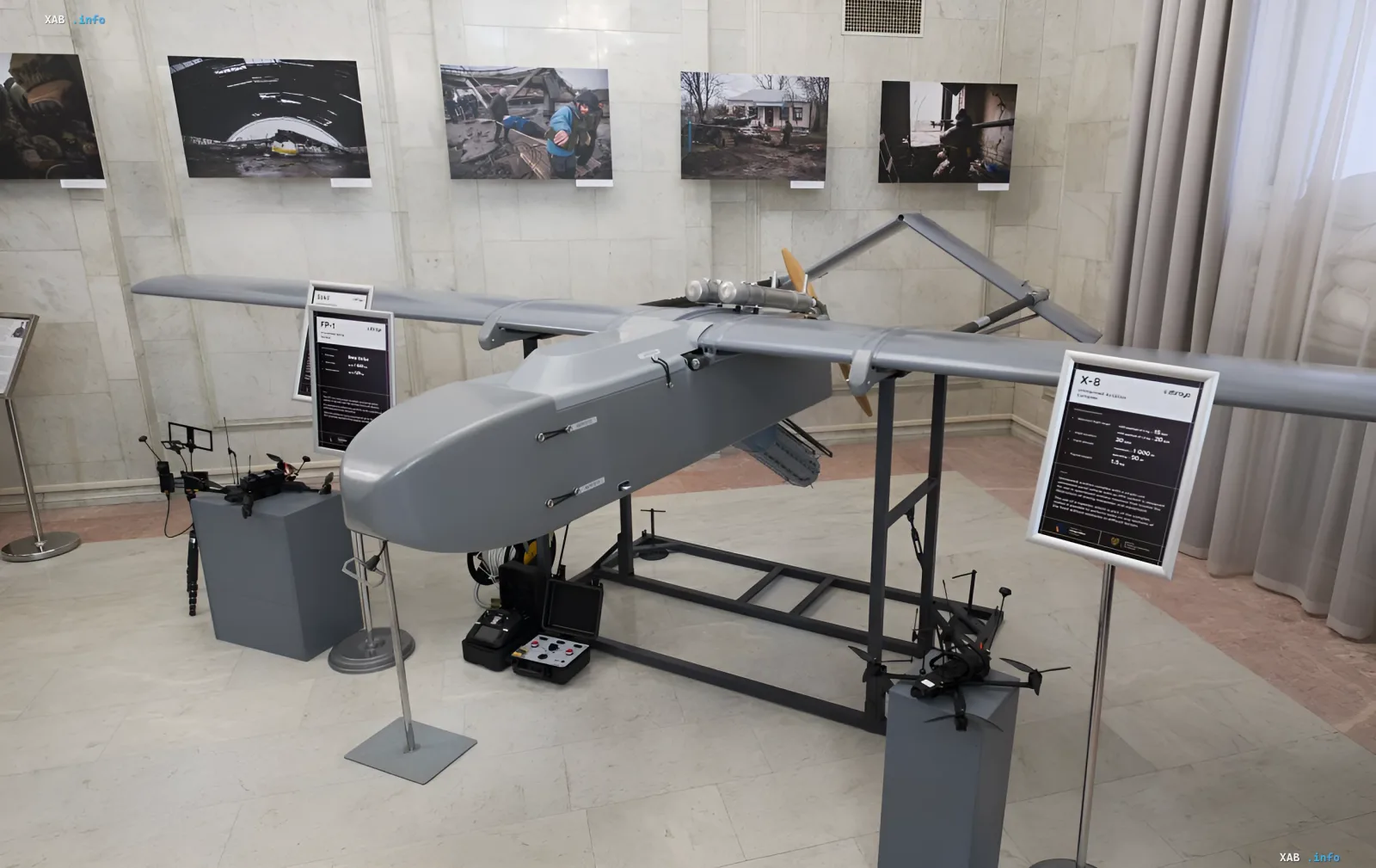 Display of Ukrainian UAV X-8 and FPV drones used for attacks on logistics facilities and refineries in Russia