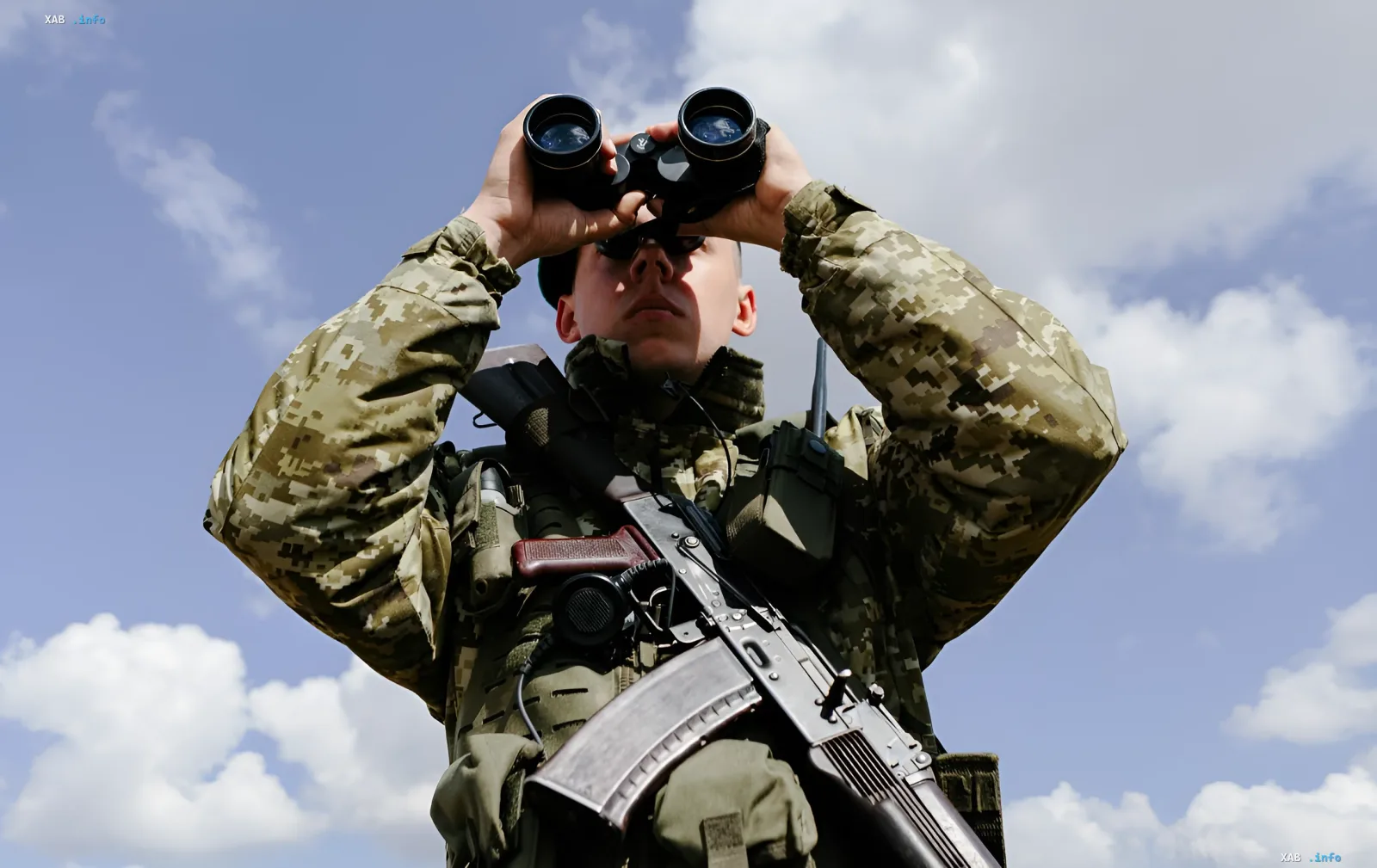 Ukrainian border guard with binoculars and rifle against the sky, symbolizing air space monitoring and drone interception
