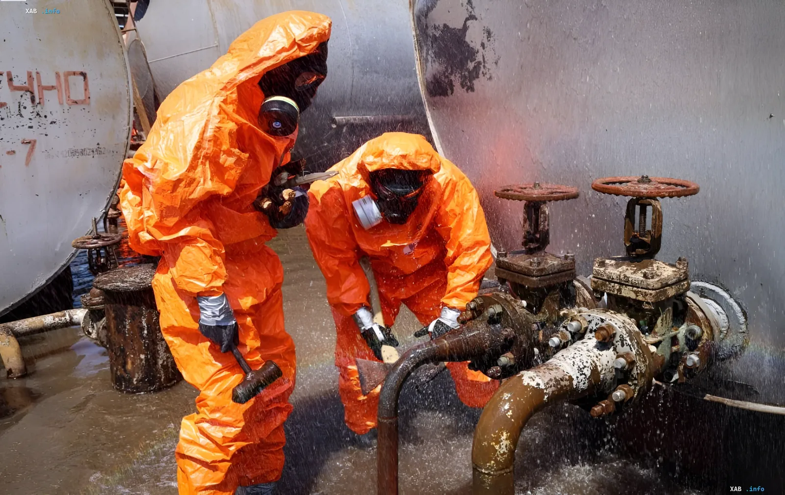 Rescuers in orange protective suits addressing a chemical leak at an industrial site in Poltava region after shelling