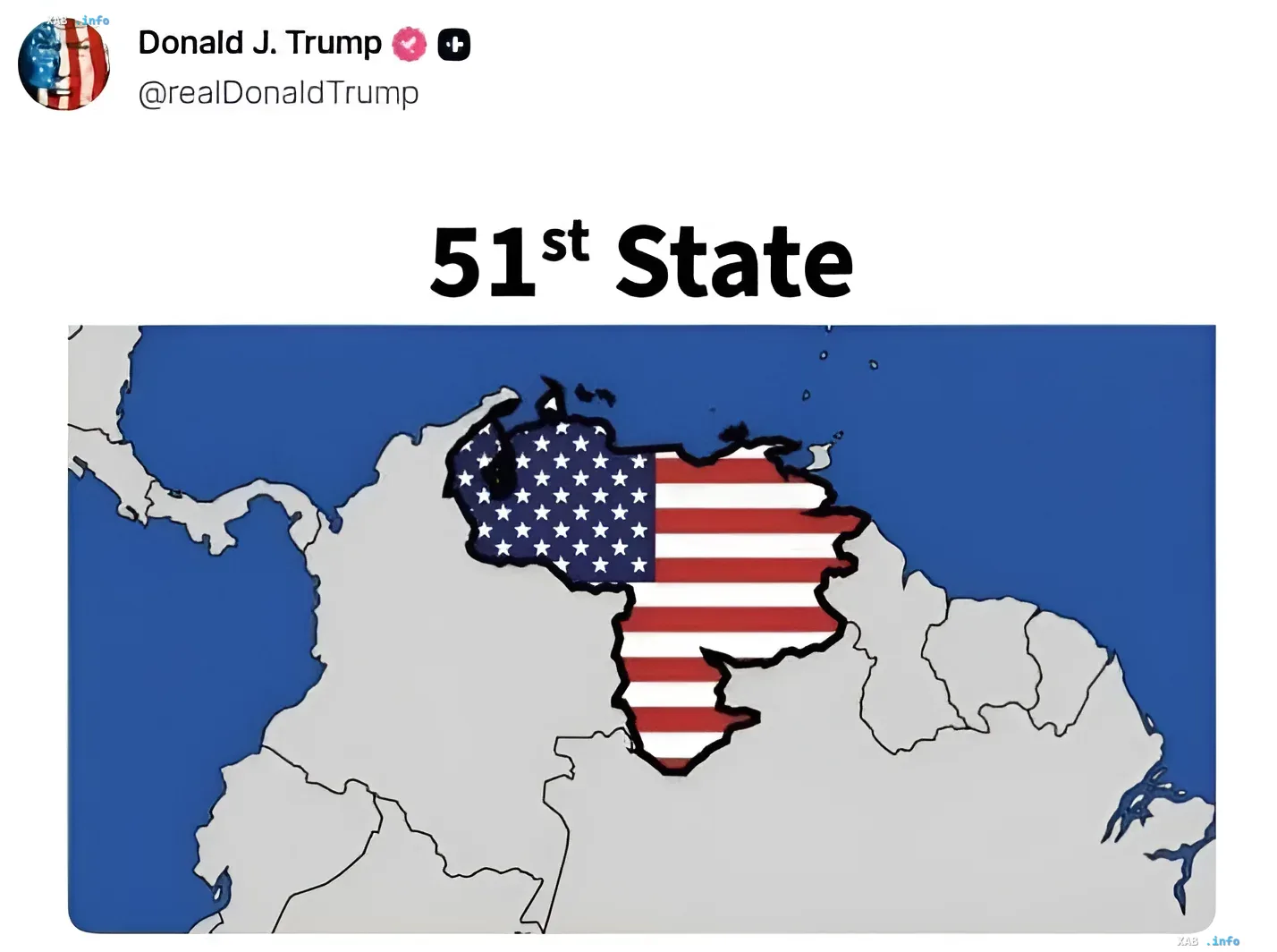 Map of Venezuela with US flag and '51st State' text, posted by Donald Trump in response to Caracas criticism