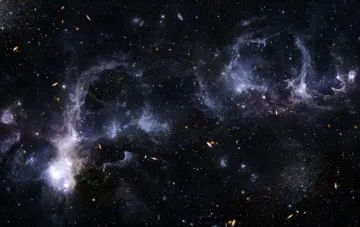 Deep space with galaxies and nebulae, illustrating the ordered nature of the Universe on scales of billions of light years