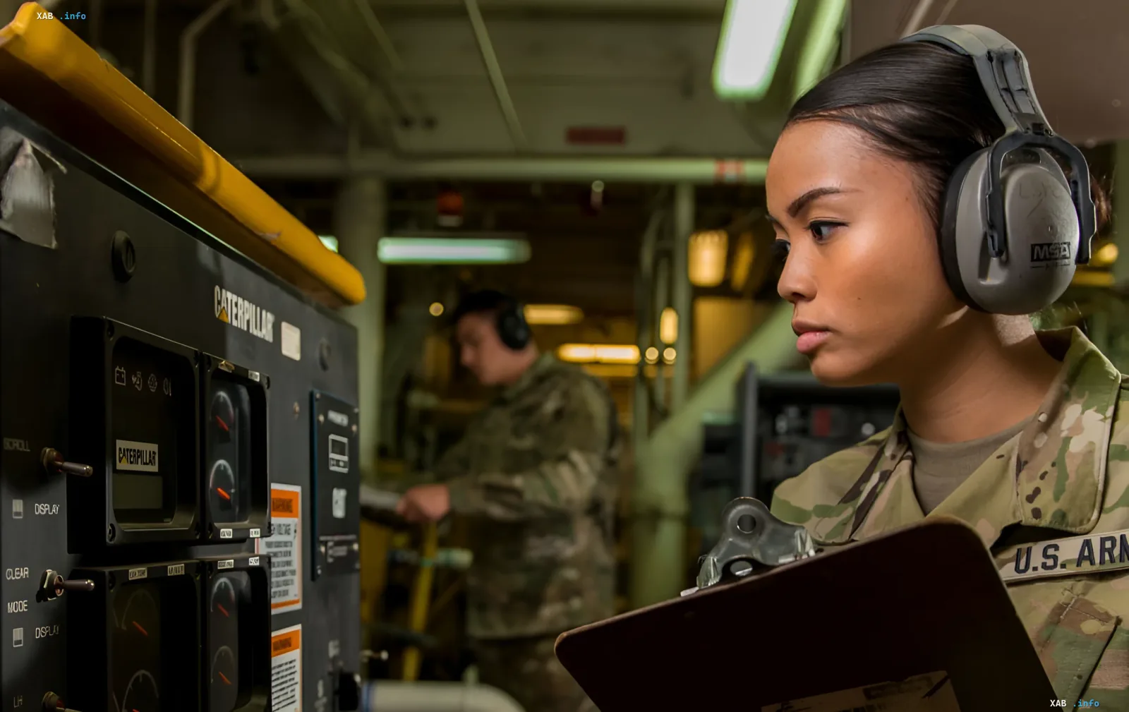 US-Nationalgarde-Soldatin mit Schutzhörnern überwacht Caterpillar-Generatorbetrieb zur Sicherstellung der Stromversorgung kritischer Infrastruktur im Rahmen von Anduril-Drohnenabwehrsystemen