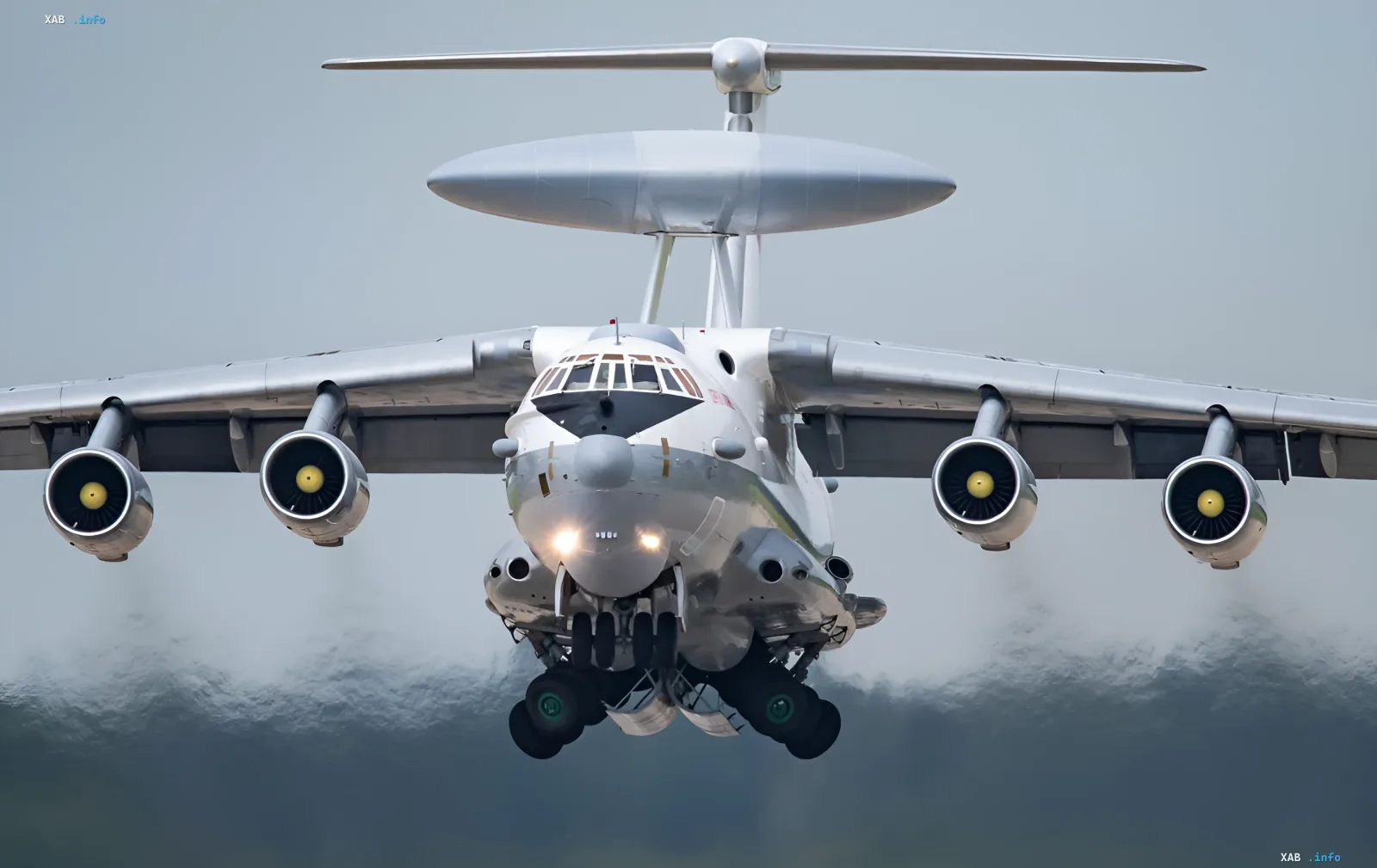 Russian A-50U airborne warning and control system aircraft in flight with deployed landing gear, symbolizing increased air reconnaissance over Russia