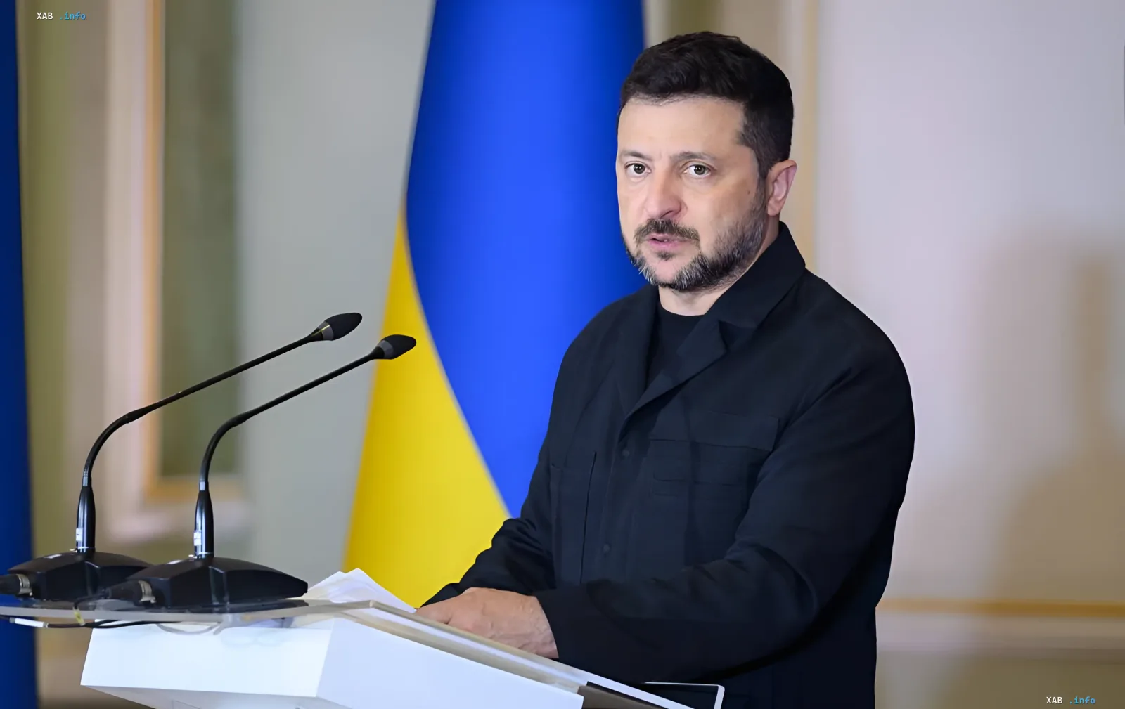 Президент Украины Владимир Зеленский выступает с речью на фоне украинского флага, анонсируя проект FREYJA по созданию системы антибаллистической коалиции