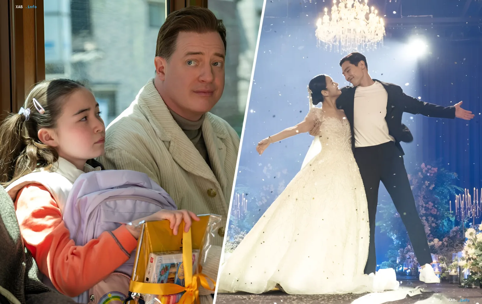 Szene aus einem Film mit Brad Pitt und einem Mädchen sowie eine Hochzeitstanzszene unter einer Kristallleuchte – Beispiele für herzerwärmende Geschichten über Freundschaft und Hoffnung