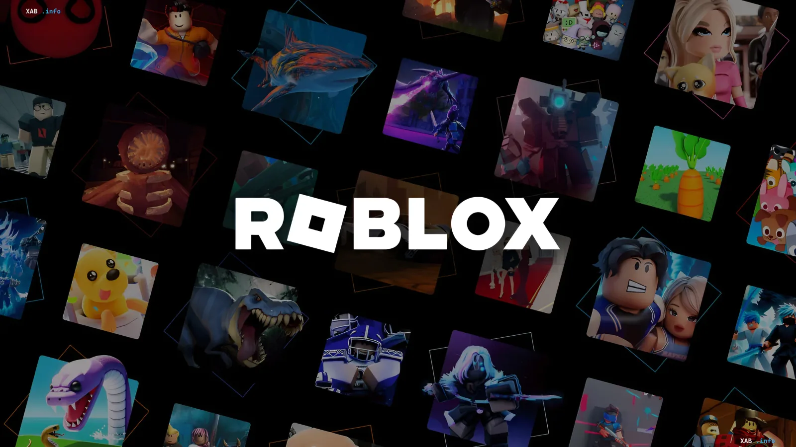Roblox logo surrounded by a collage of popular games from the platform, illustrating the 27% stock plunge following the company's decision to drop financial guidance