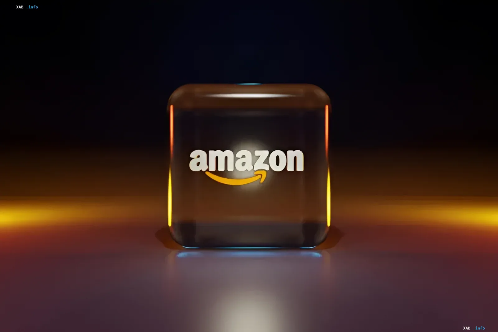 Amazon-Logo auf einem beleuchteten Glaswürfel, das den Meilenstein von 3 Billionen Dollar Marktkapitalisierung symbolisiert, angetrieben vom KI-Boom