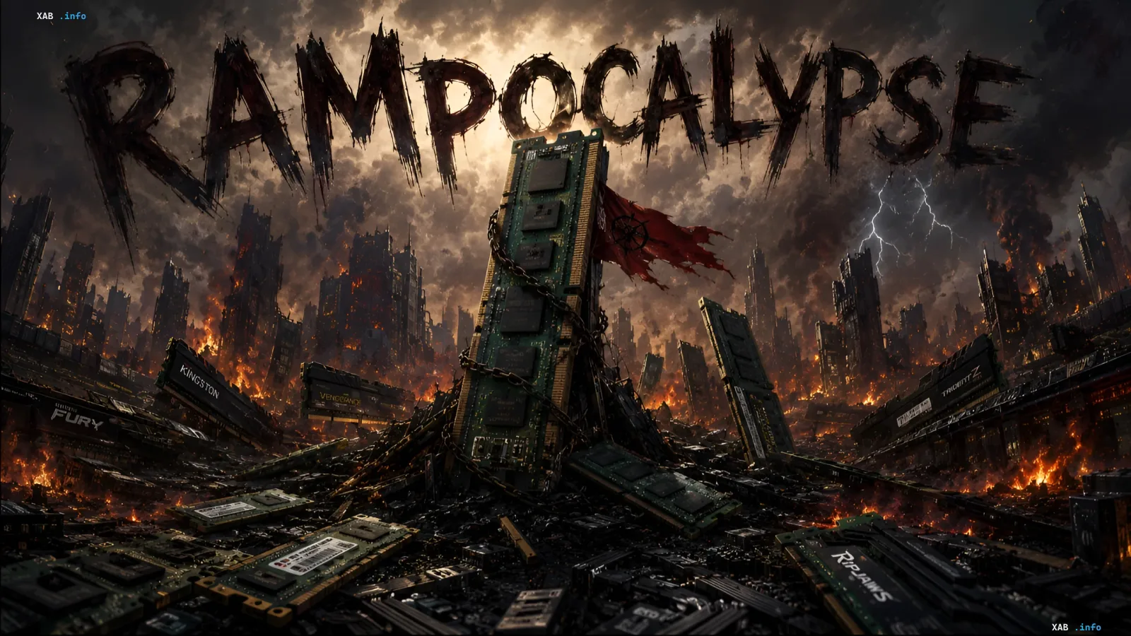 Apokalyptische Landschaft mit zerschmetterten RAM-Modulen und der Aufschrift RAMPOCALYPSE, die den kritischen Mangel an Nvidia-Chips im Zuge des KI-Booms symbolisiert