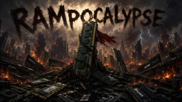Apokalyptische Landschaft mit zerschmetterten RAM-Modulen und der Aufschrift RAMPOCALYPSE, die den kritischen Mangel an Nvidia-Chips im Zuge des KI-Booms symbolisiert