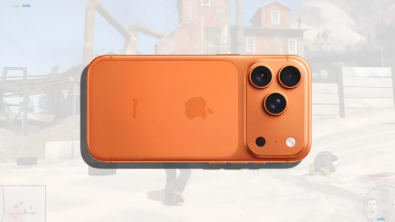 Orange iPhone 17 Pro Max running GTA V in the background — showcasing XeniOS emulator performance