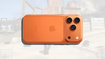 Оранжевый iPhone 17 Pro Max с запущенной игрой GTA V на заднем фоне — демонстрация работы эмулятора XeniOS