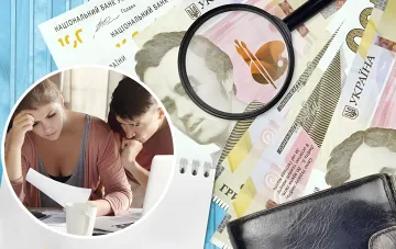 Пара з документами та грошима на фоні української валюти та чека Національного банку, що символізує розрахунок житлової субсидії