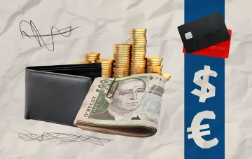 Geldbörse mit Hrywnja, Goldmünzen und Bankkarten vor Dollar- und Euro-Symbolen – Illustration zum Wechselkurs vom 4. August