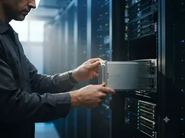 Systemadministrator installiert Serverhardware in einem Rechenzentrum, was die massive Infrastruktur für das Kimi K3-Modell von Moonshot AI veranschaulicht