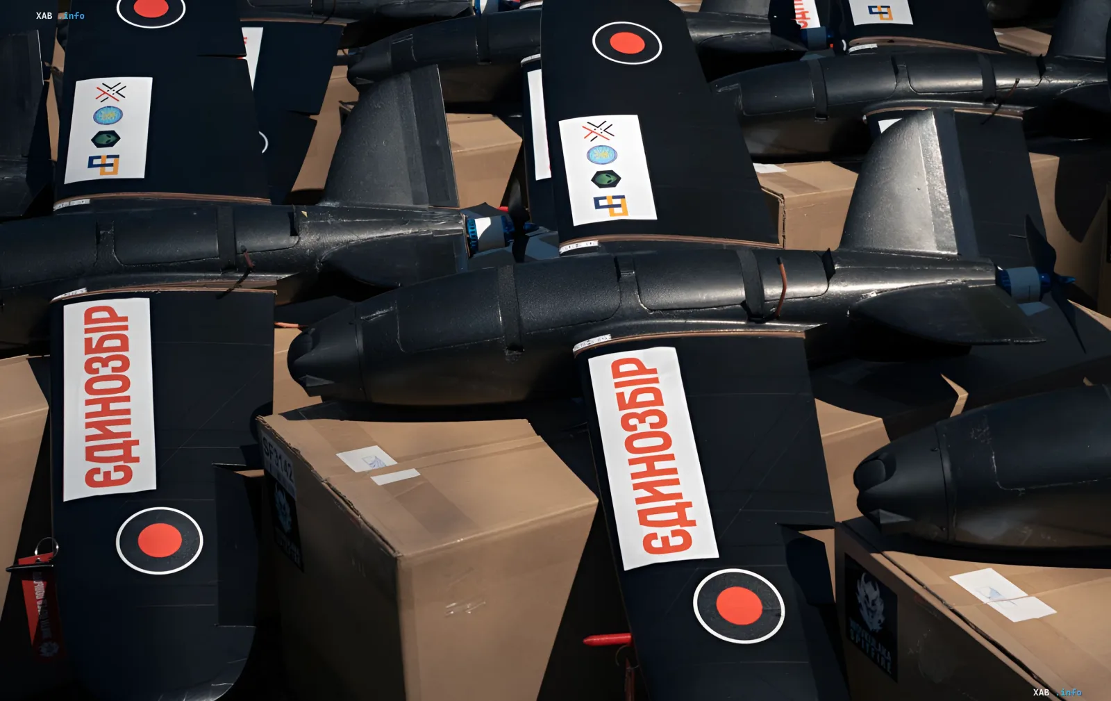 Ukrainian aircraft drones with the inscription 'ЕДИНОЗБІР' and identification marks, ready for deployment against Iranian 'Shahed' kamikaze drones