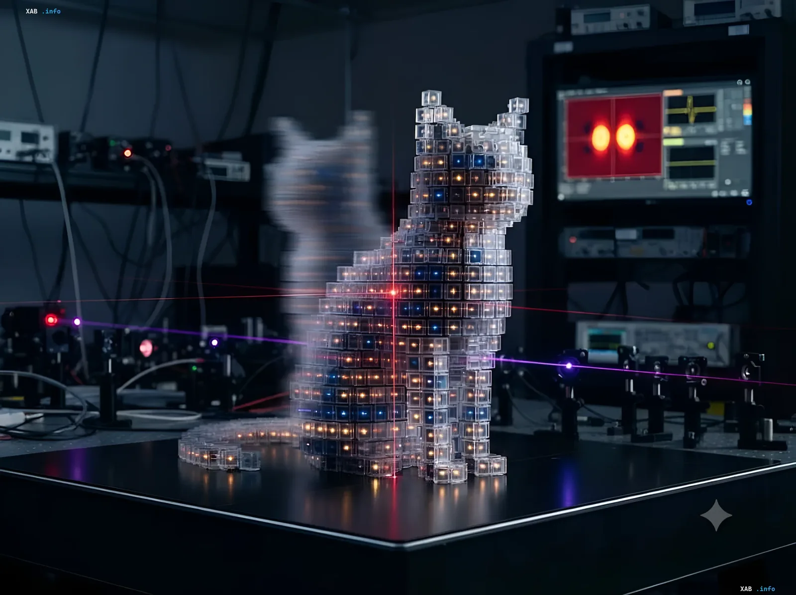 Visualization of Schrödinger's cat in quantum superposition: transparent cubic structure with glowing lights and blurred silhouette in Oxford University lab