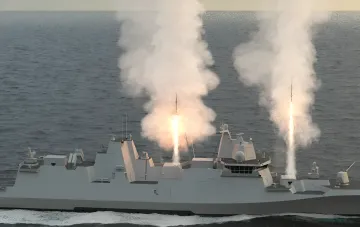 Render of the GMF 140 frigate by Rheinmetall in action: missile launch against the sea backdrop