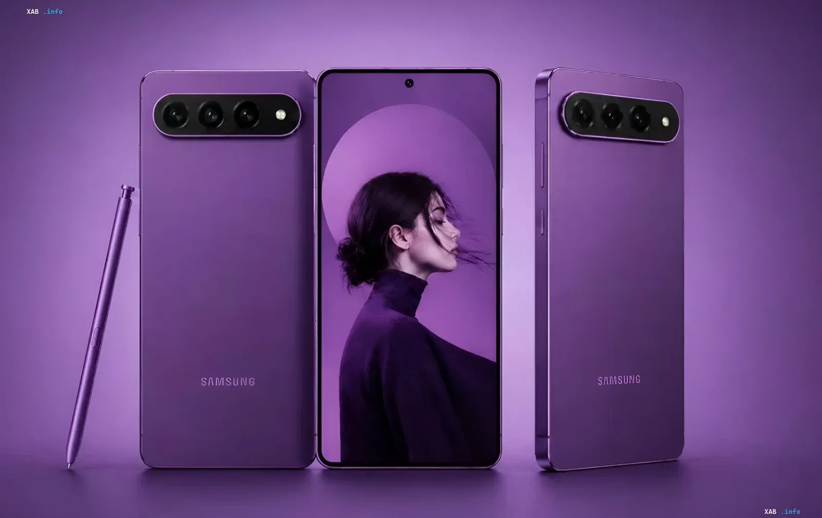 Концепт смартфона Samsung Galaxy S27 Ultra в фиолетовом цвете с S Pen, демонстрирующий дизайн и камеру, согласно утечкам о характеристиках
