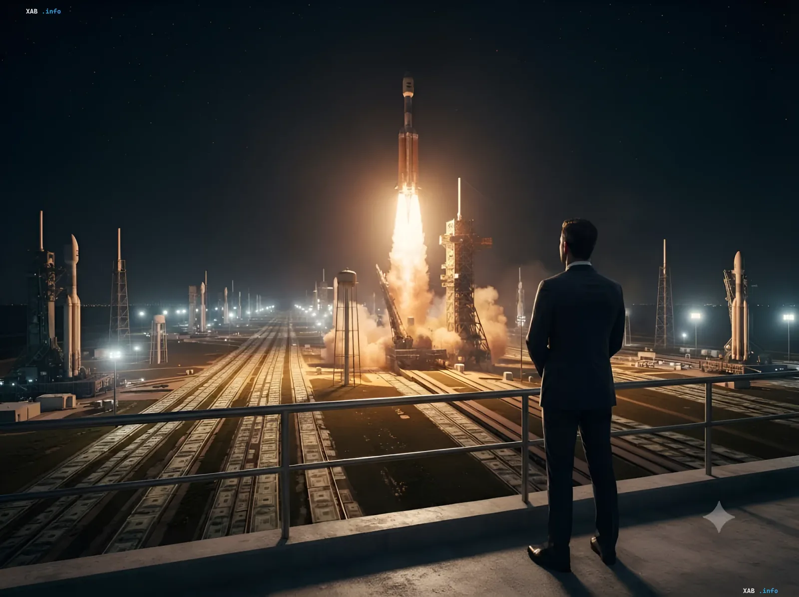 Илон Маск наблюдает за запуском ракеты SpaceX на фоне ночного неба, символизируя вызовы компании после IPO и падение акций