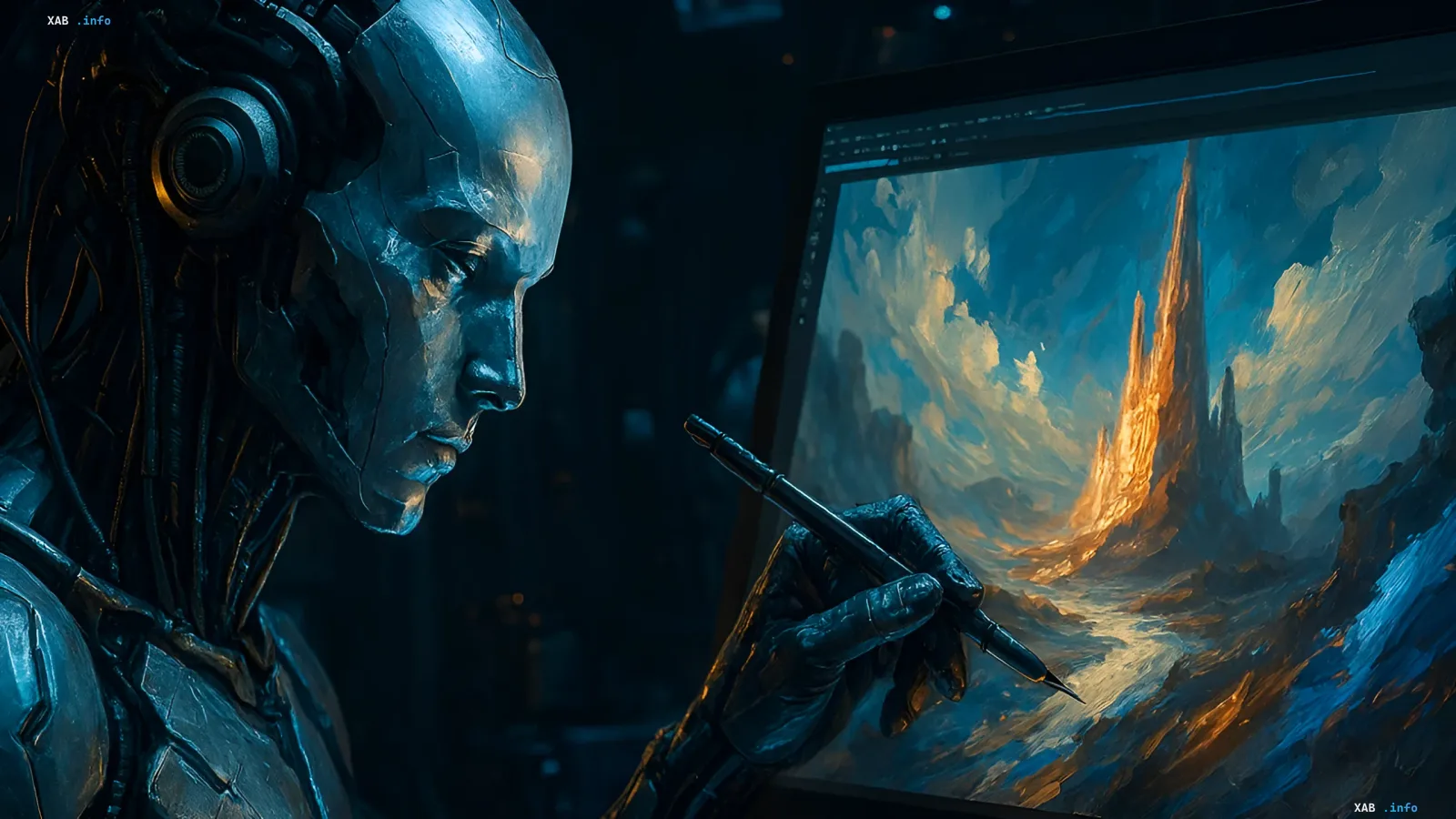 Roboter-Künstler malt eine Landschaft auf einem Tablet — Illustration zur Nachricht, dass ein Gericht den Urheberrechtsschutz für von KI erstellte Bilder ablehnte