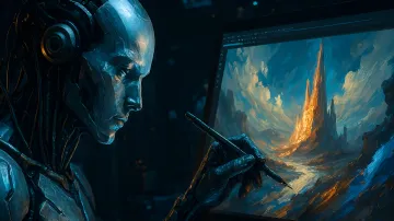 Roboter-Künstler malt eine Landschaft auf einem Tablet — Illustration zur Nachricht, dass ein Gericht den Urheberrechtsschutz für von KI erstellte Bilder ablehnte