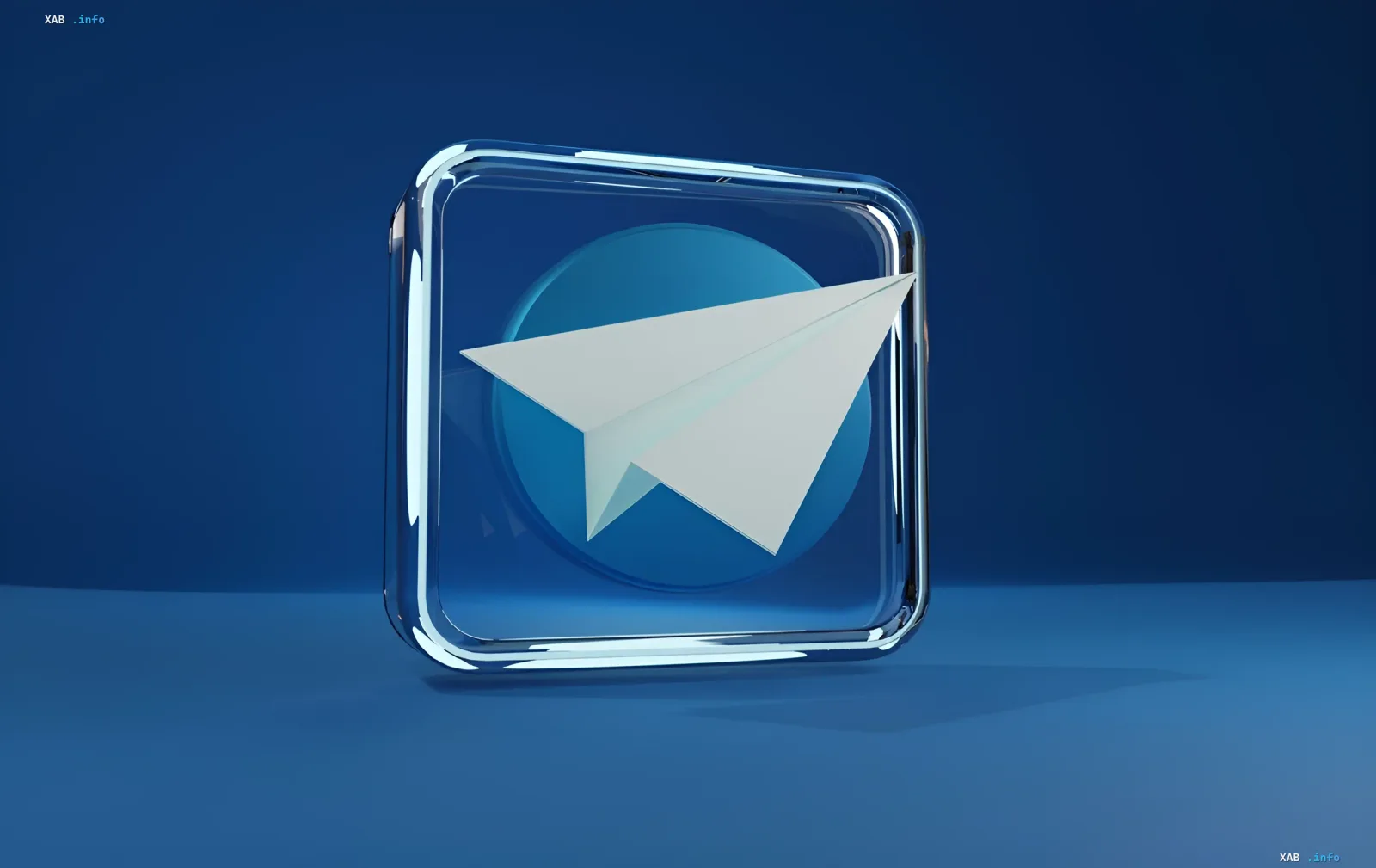3D Telegram icon inside a glass cube on blue background — symbol of Apple blocking the messenger