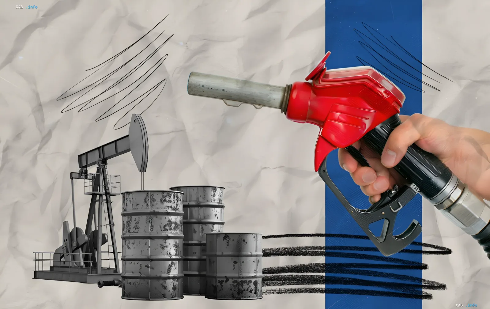Красный пистолет для заправки дизельного топлива на фоне нефтяной вышки и бочек, символизирующий рост цен на дизель в Украине