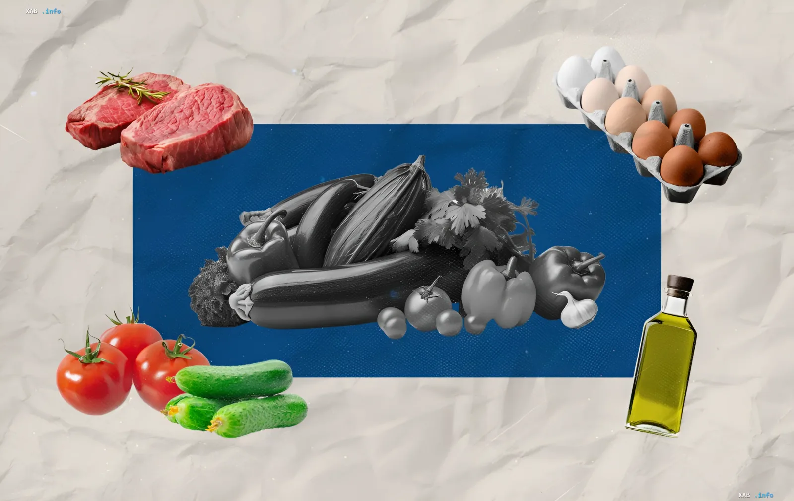 Коллаж продуктов питания: мясо, яйца, овощи и оливковое масло на фоне флага Украины — иллюстрация к статье о ценах в супермаркетах