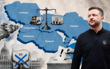 Infographic with a map of Ukraine and Poland, scales with money and documents, and an image of Volodymyr Zelenskyy, illustrating the theme of transactions over sentiments in inter-country relations.