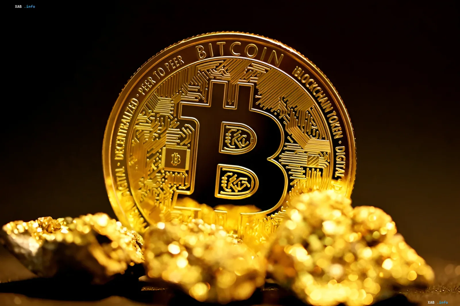 Золота фізична монета Bitcoin на тлі золотих самородків — символ вразливості холодних гаманців Coldcard, з яких викрадено $118 млн